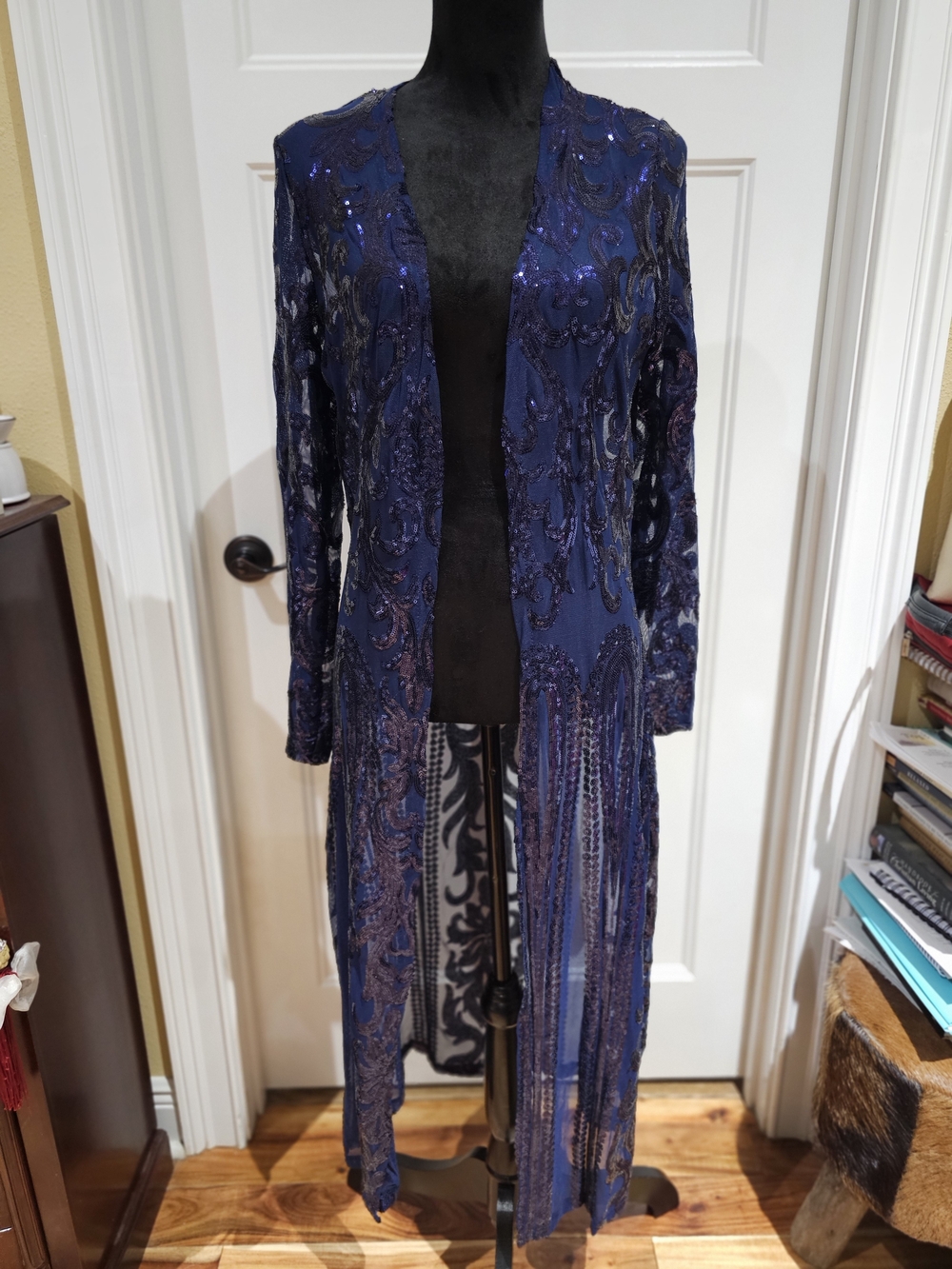 Women's Navy Sequin Long Open Duster, NWOT